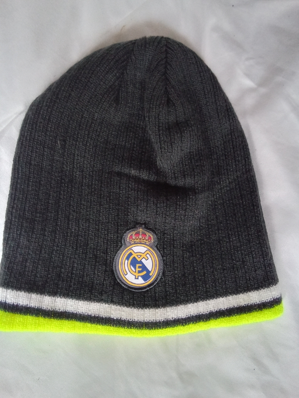 Gray Beanie Hat with Neon Trim and Team Crest
